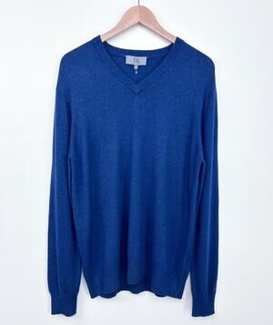 Men's Soft Wool Cashmere Blue V-Neck Knit Prep Academia Long Sleeve Sweater XL